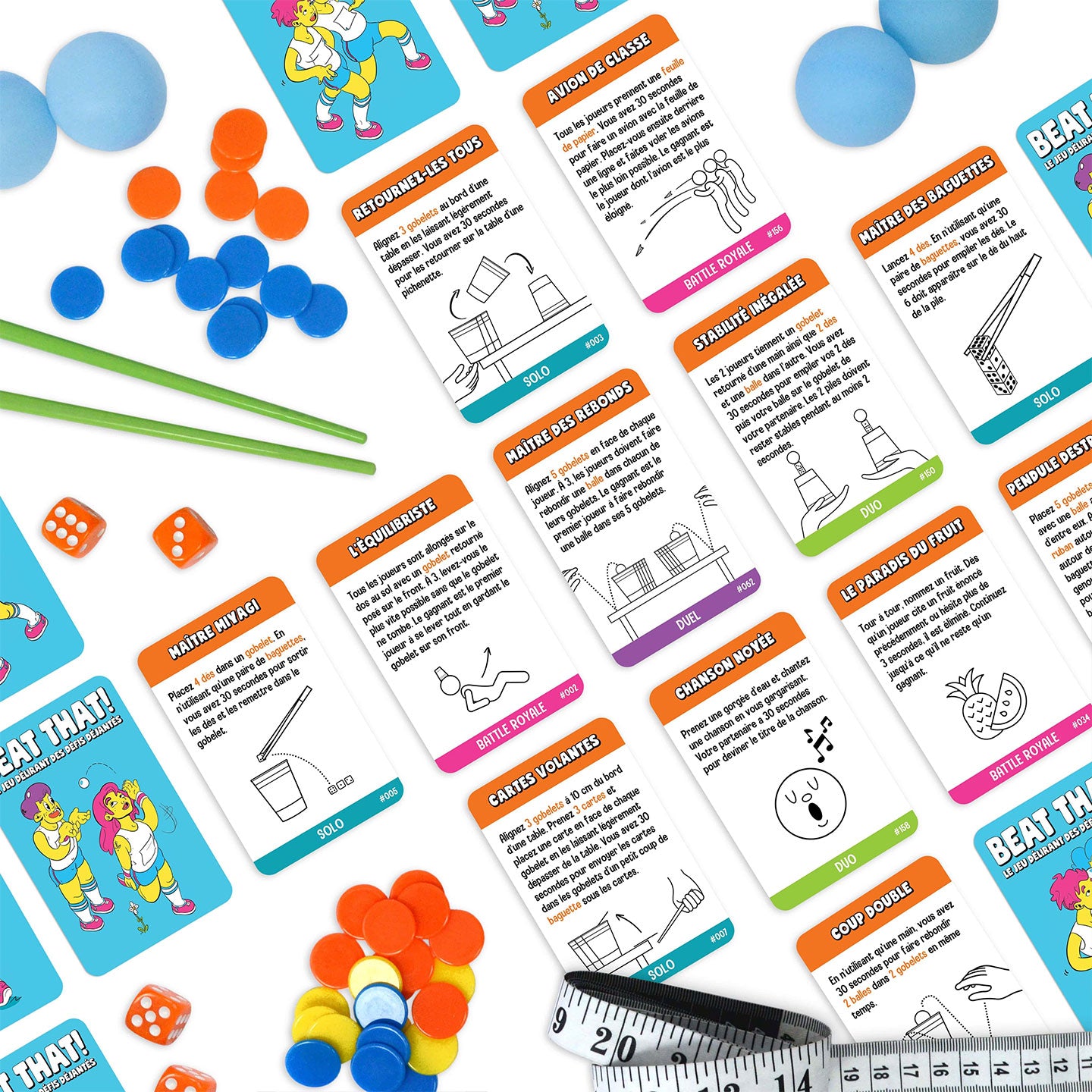 Boîte du jeu avec défis colorés et illustrations ludiques