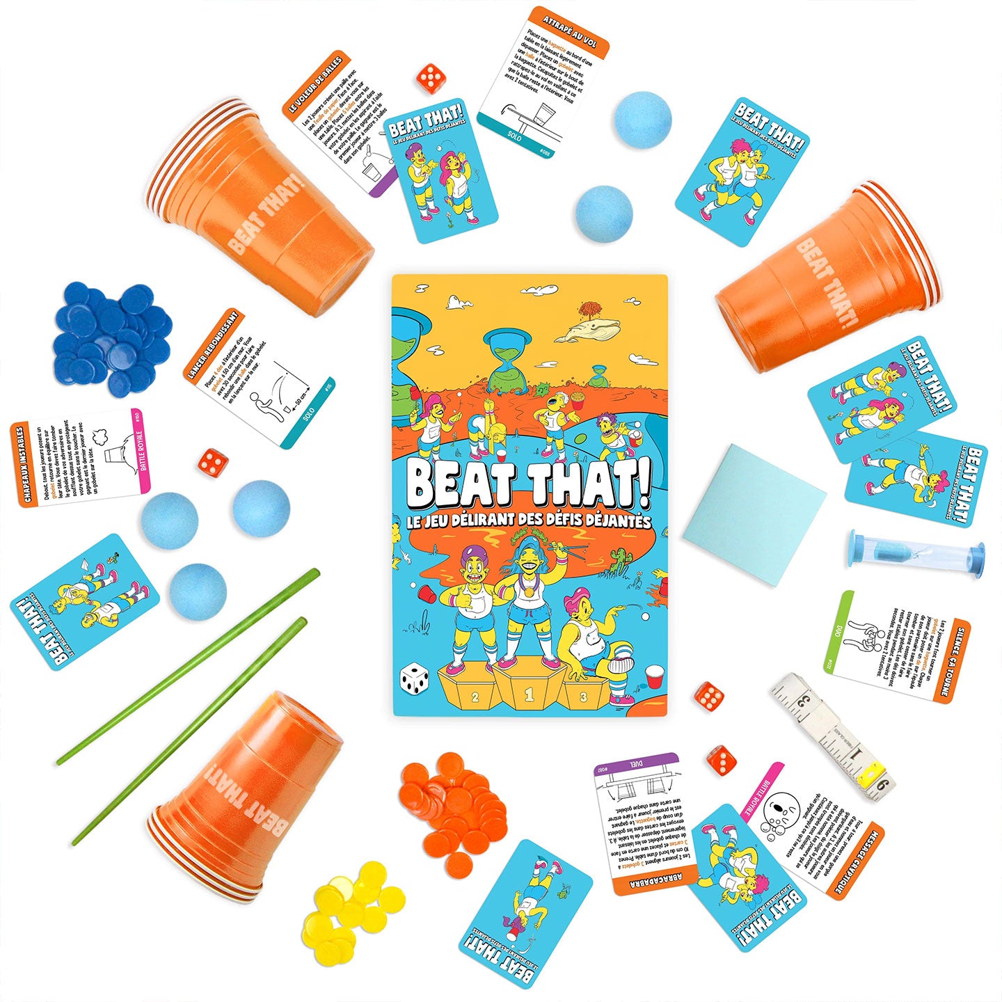 Boîte du jeu avec défis colorés et illustrations ludiques