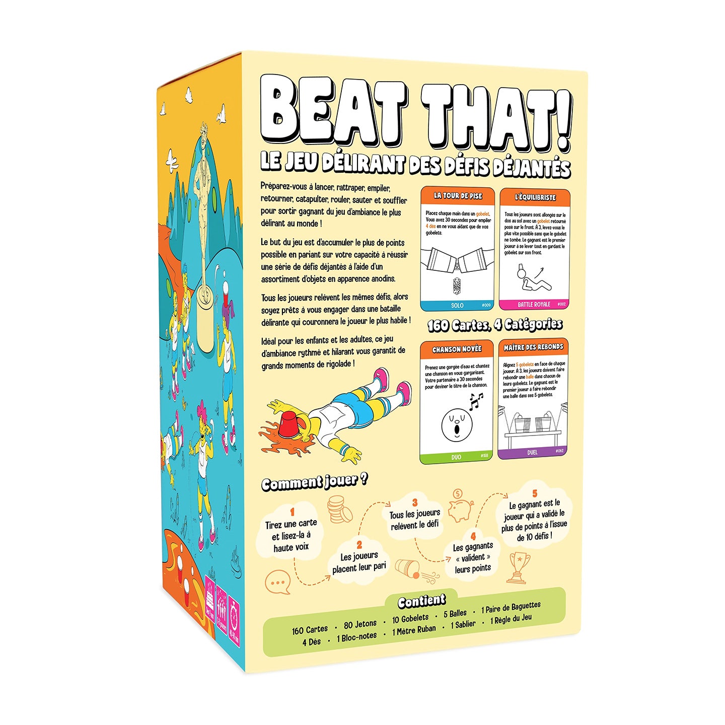 Boîte du jeu avec défis colorés et illustrations ludiques