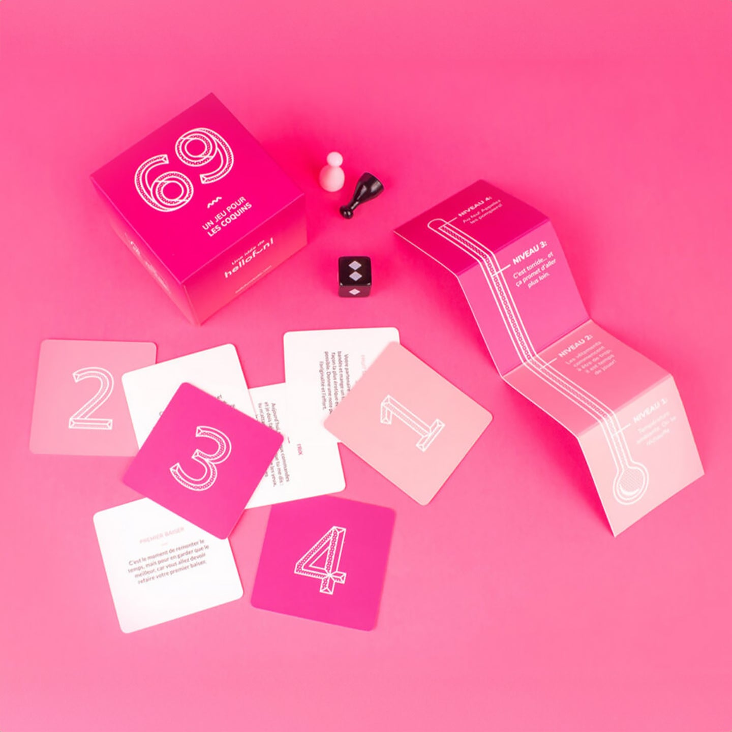 Jeu de société érotique 69 avec cartes colorées et design séduisant.