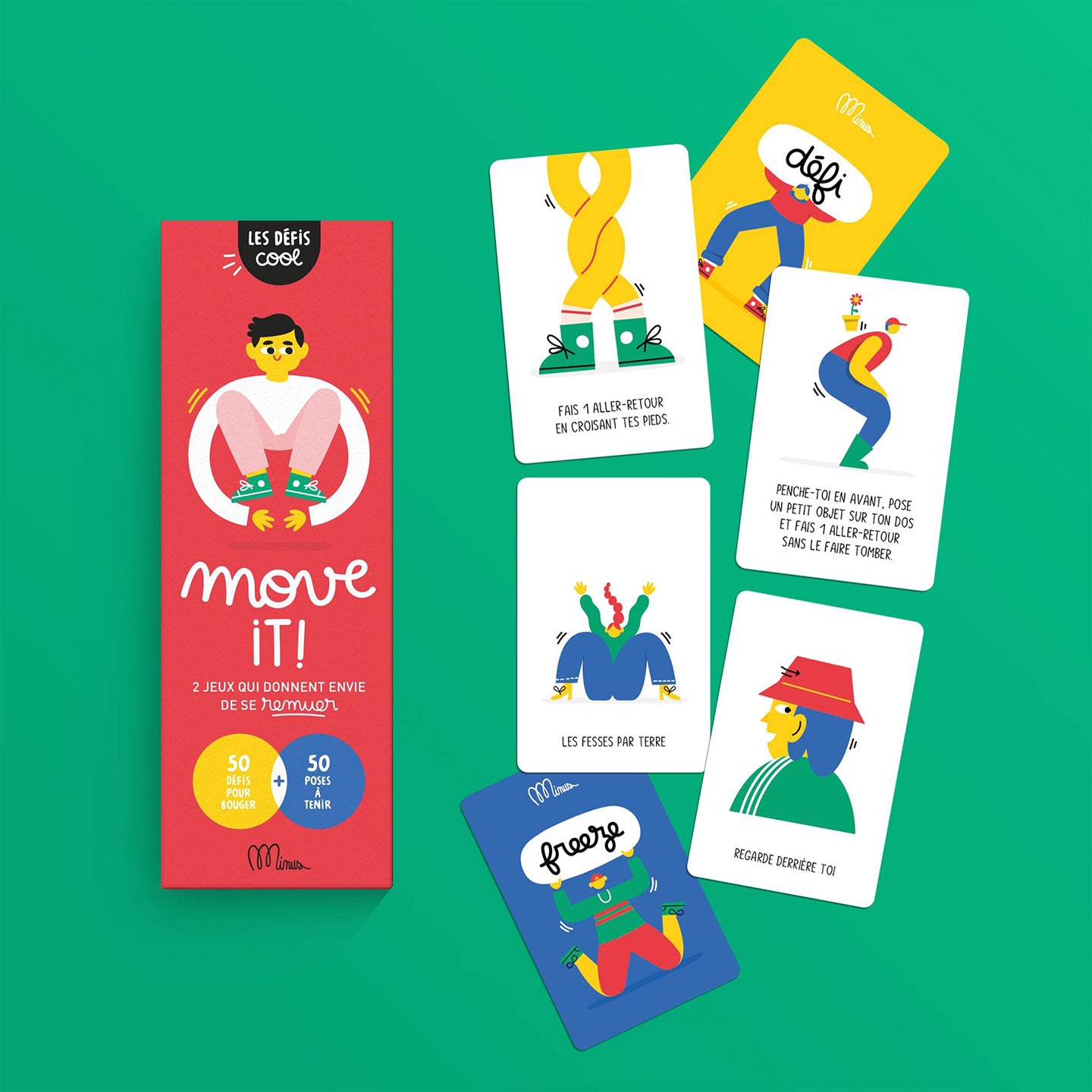 Cartes colorées du jeu Move It avec illustrations ludiques
