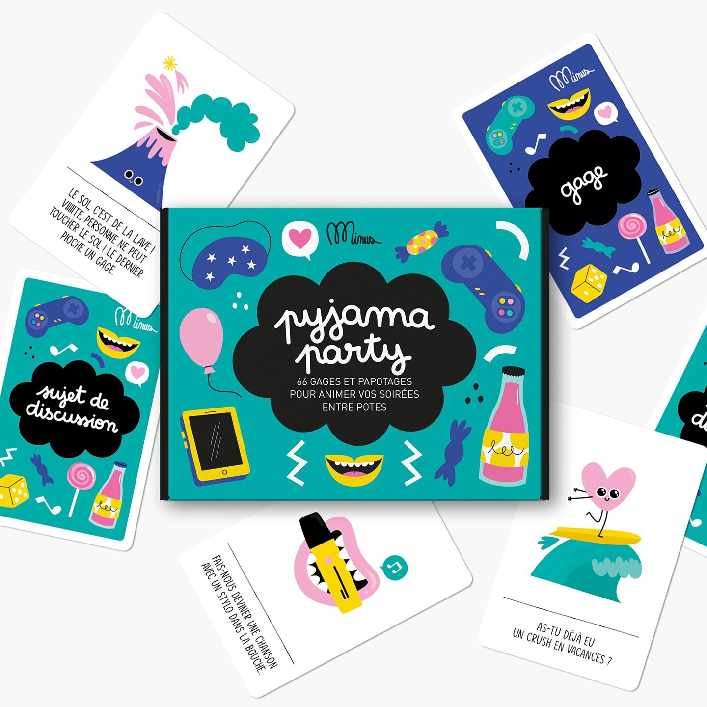 Boîte du jeu Pyjama Party avec illustrations colorées sur le dessus.
