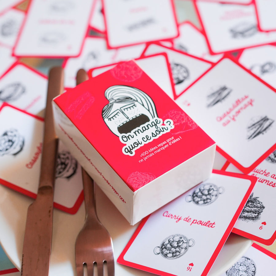 Cartes de jeu avec illustrations colorées sur le thème du dîner.