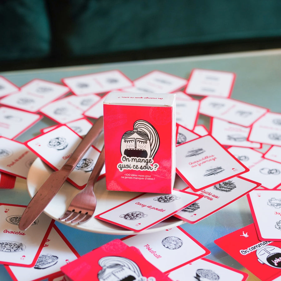 Cartes de jeu avec illustrations colorées sur le thème du dîner.