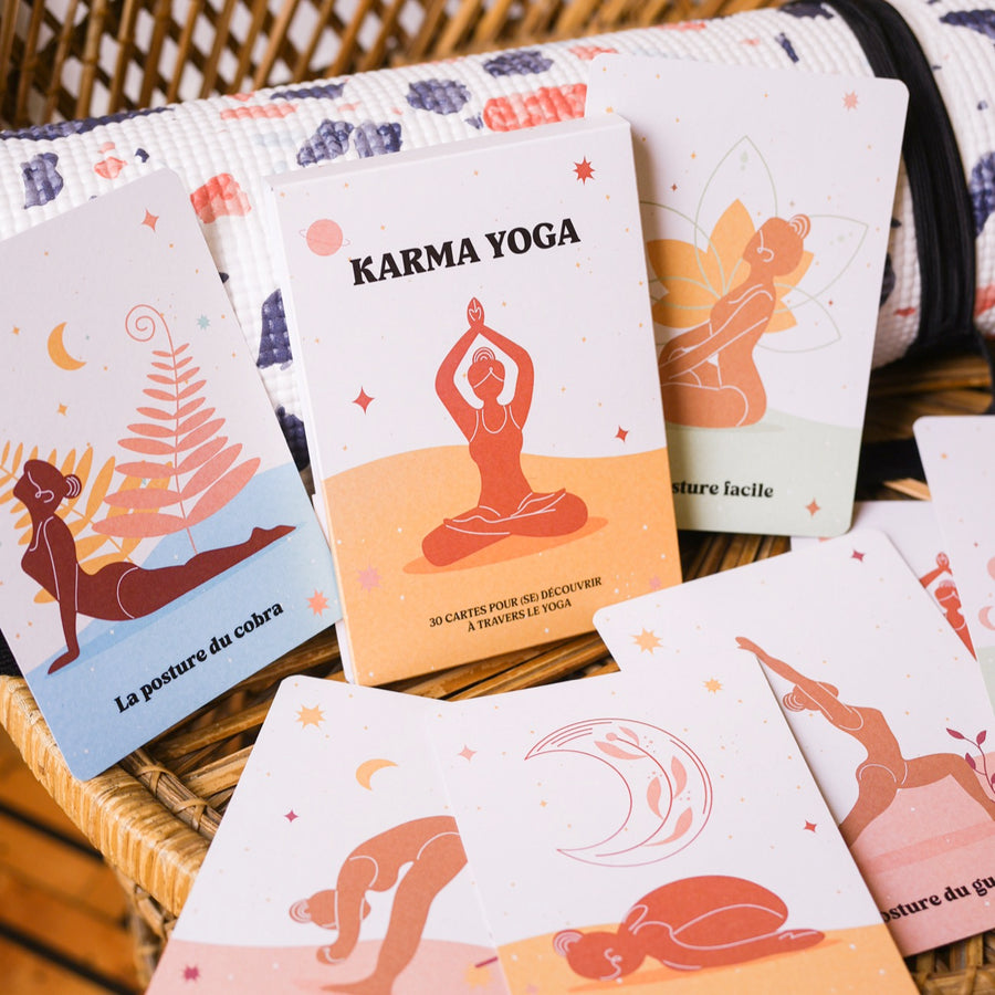 Cartes de yoga avec illustrations colorées et texte explicatif.
