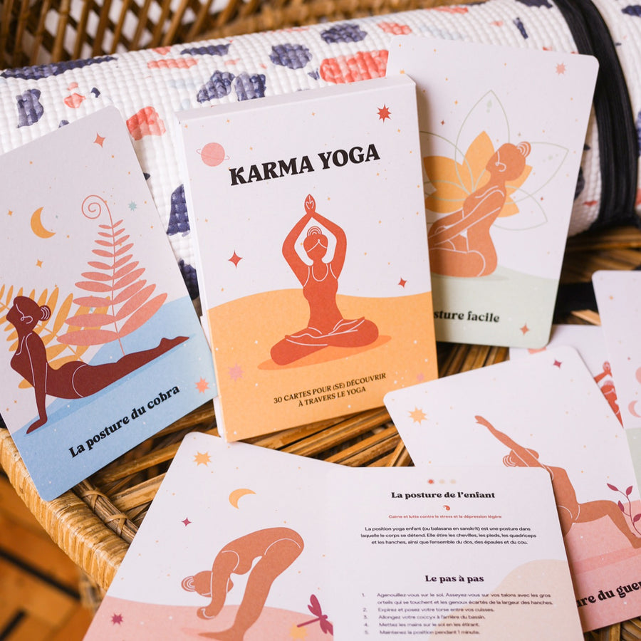 Cartes de yoga avec illustrations colorées et texte explicatif.