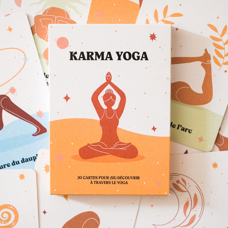 Cartes de yoga avec illustrations colorées et texte explicatif.
