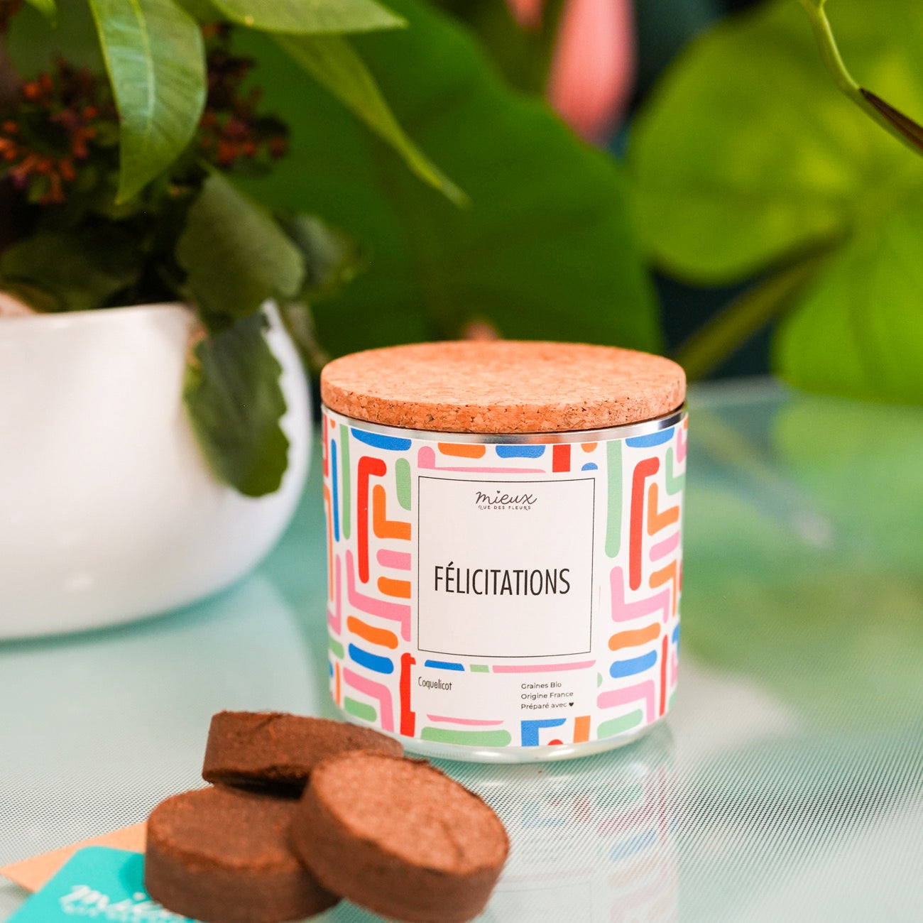 Kit à planter avec message et palet déshydraté visible