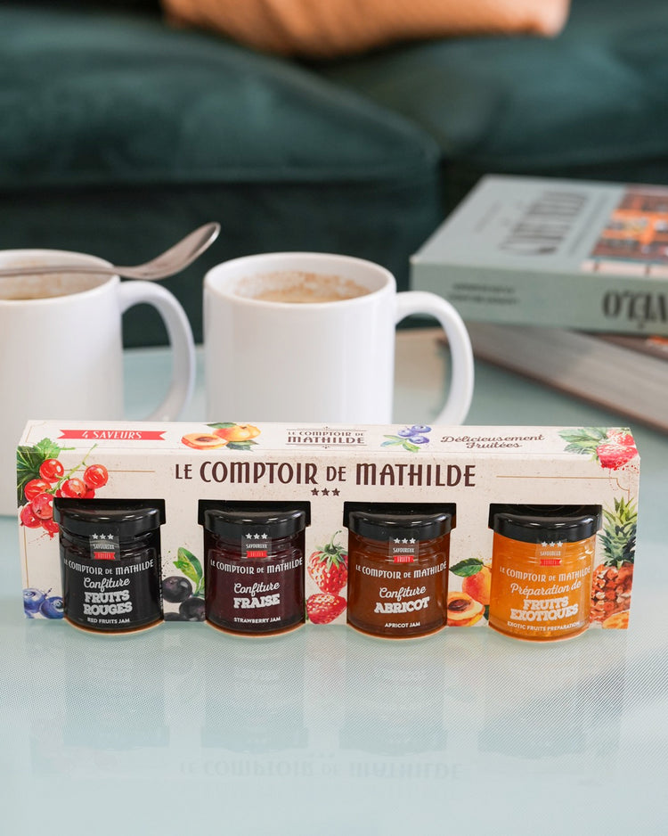 Coffret de 4 mini confitures avec étiquettes colorées