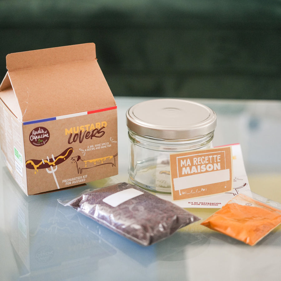 Kit DIY pour moutarde avec épices bio sur fond clair