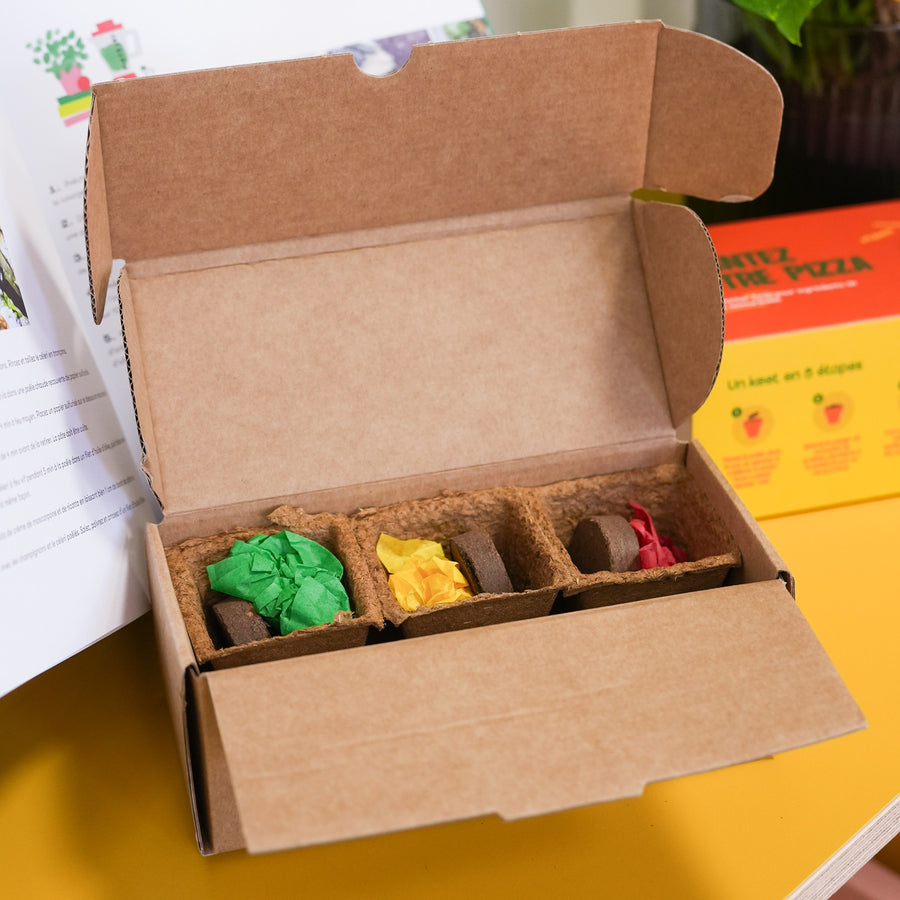 Kit de plantation avec pots en terre cuite et étiquettes en bois.