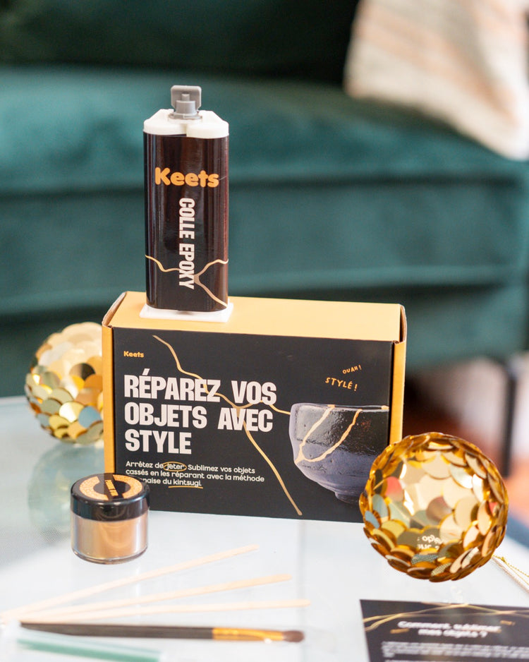 Kit Kintsugi avec poudre dorée et outils de réparation