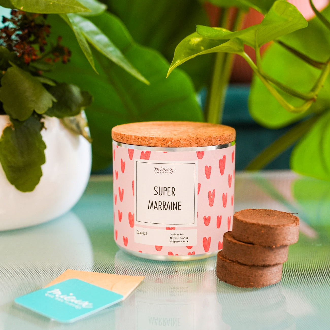 Kit à planter avec message, palets de terre et graines visibles.
