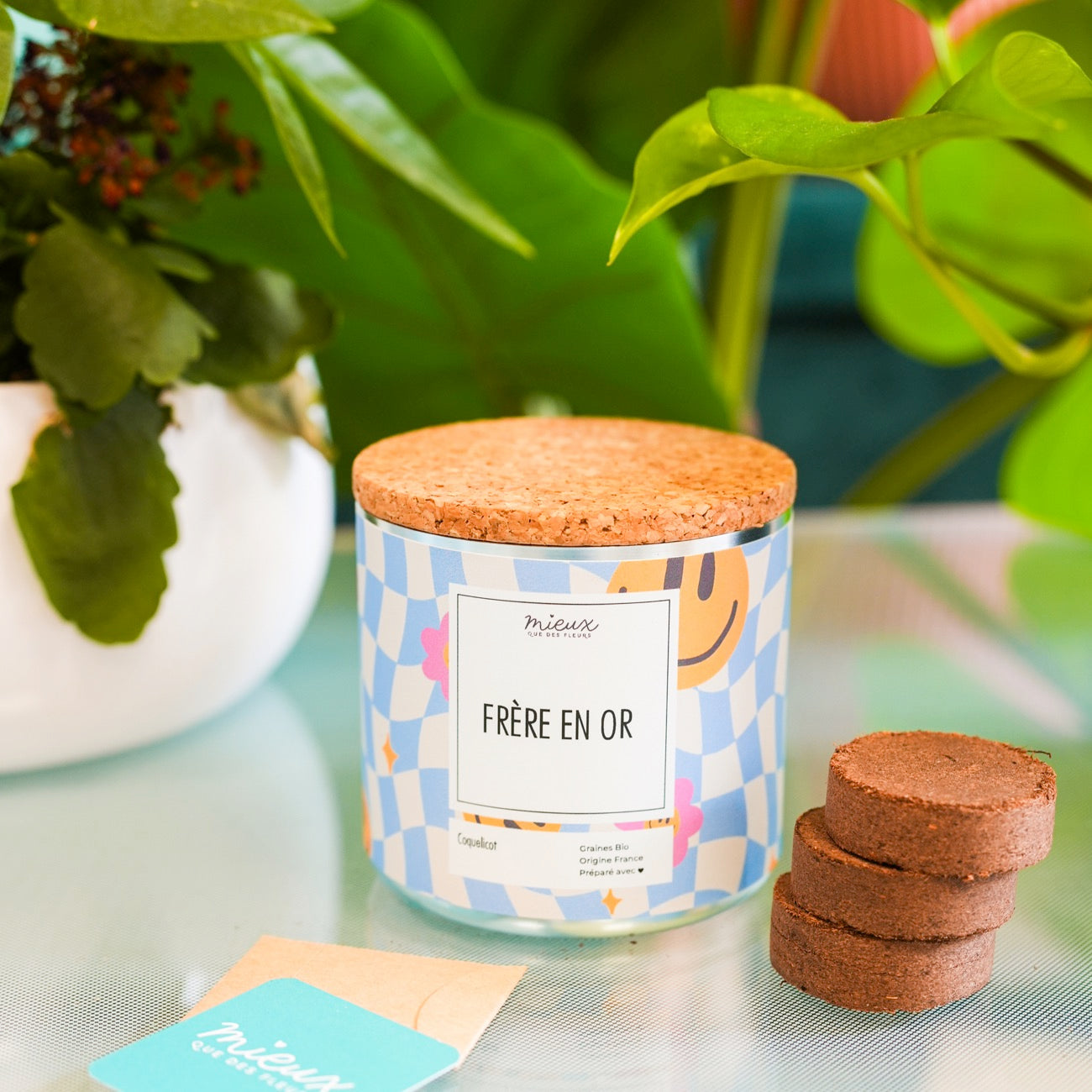 Kit à planter avec message, palets de terre et graines visibles.