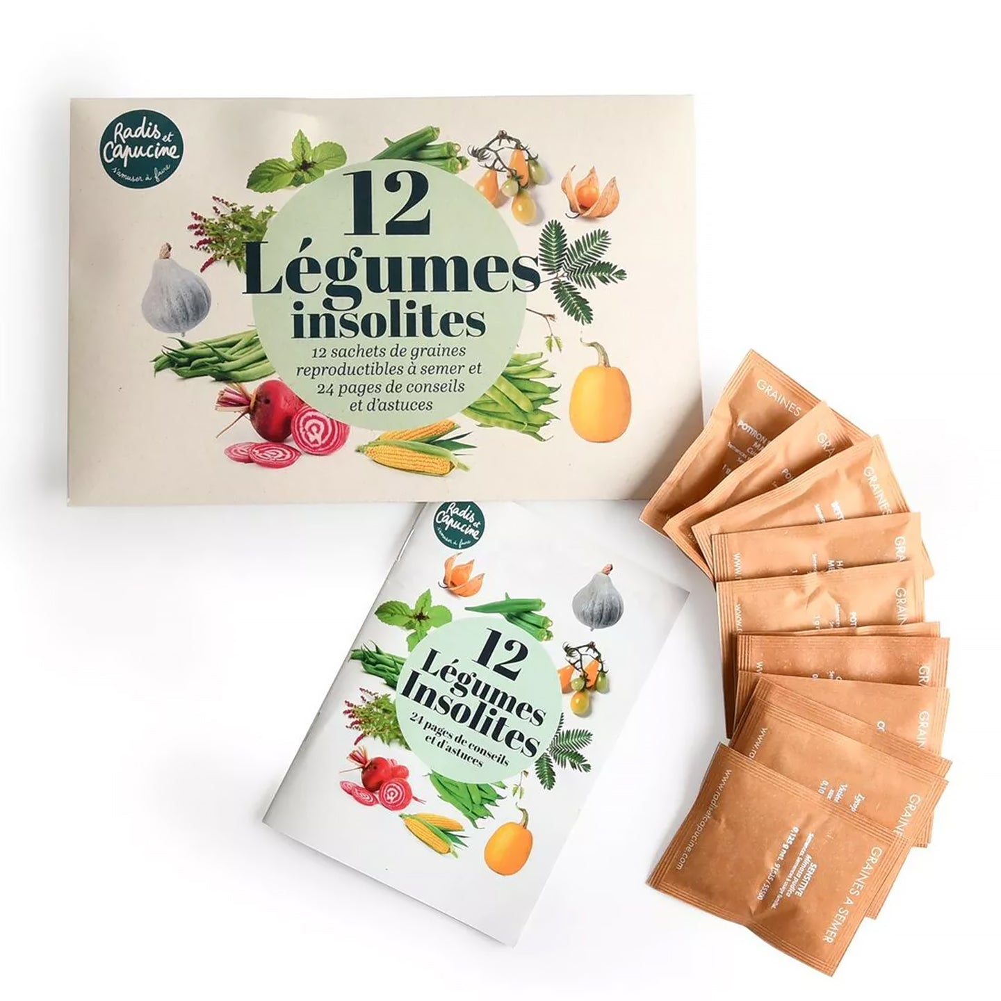 Coffret de 12 sachets de graines de légumes variés.