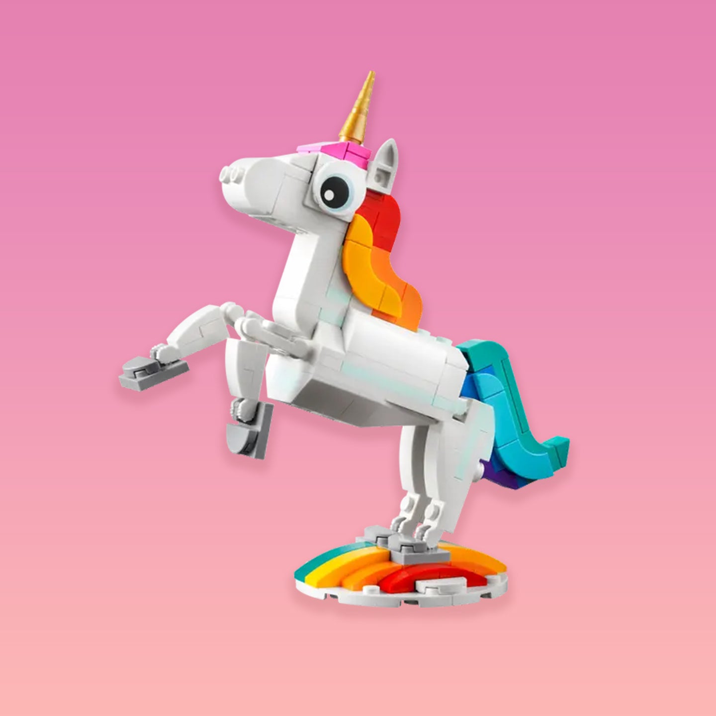 Licorne Lego vue de côté avec détails colorés et brillants.