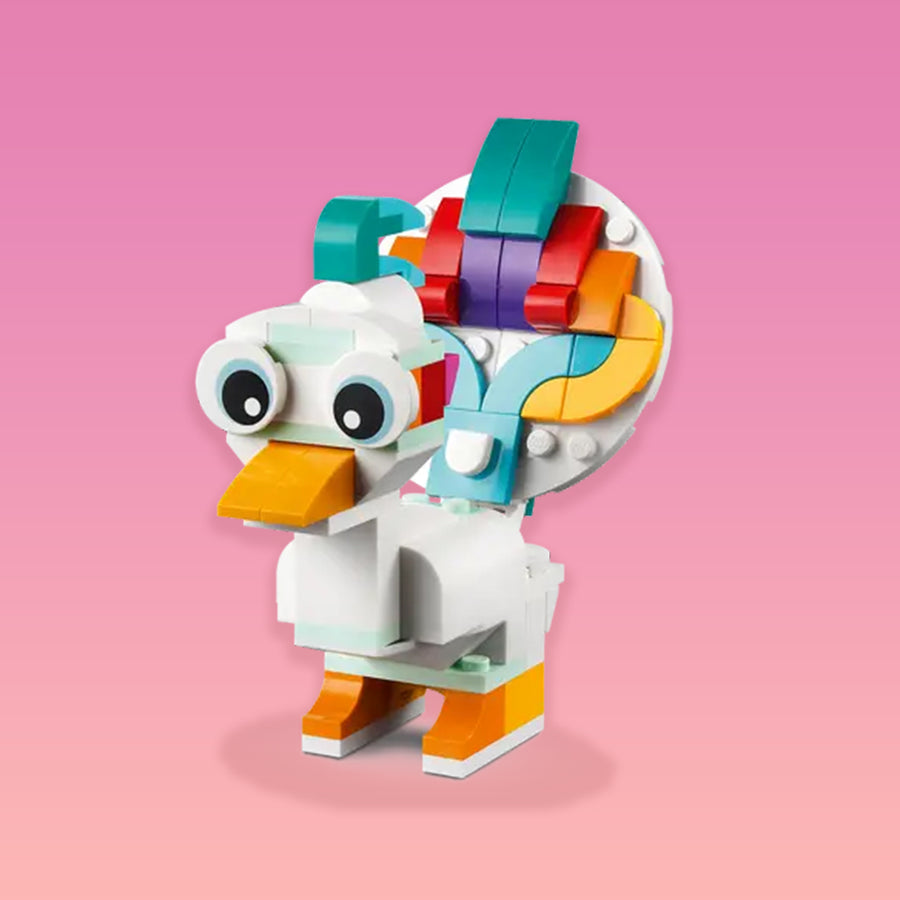Licorne Lego vue de côté avec détails colorés et brillants.