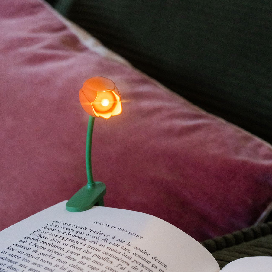 Liseuse tulipe posée sur un livre, éclairage doux et discret.