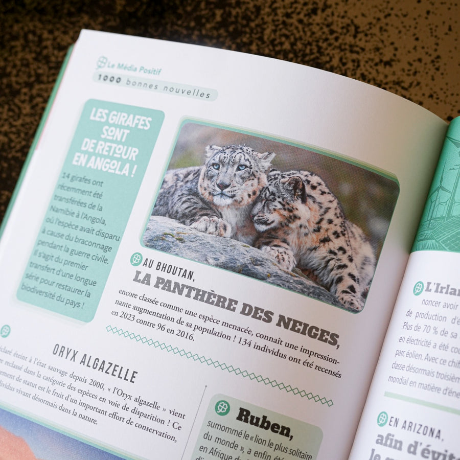 Couverture du livre '1000 Bonnes Nouvelles' avec illustrations joyeuses.