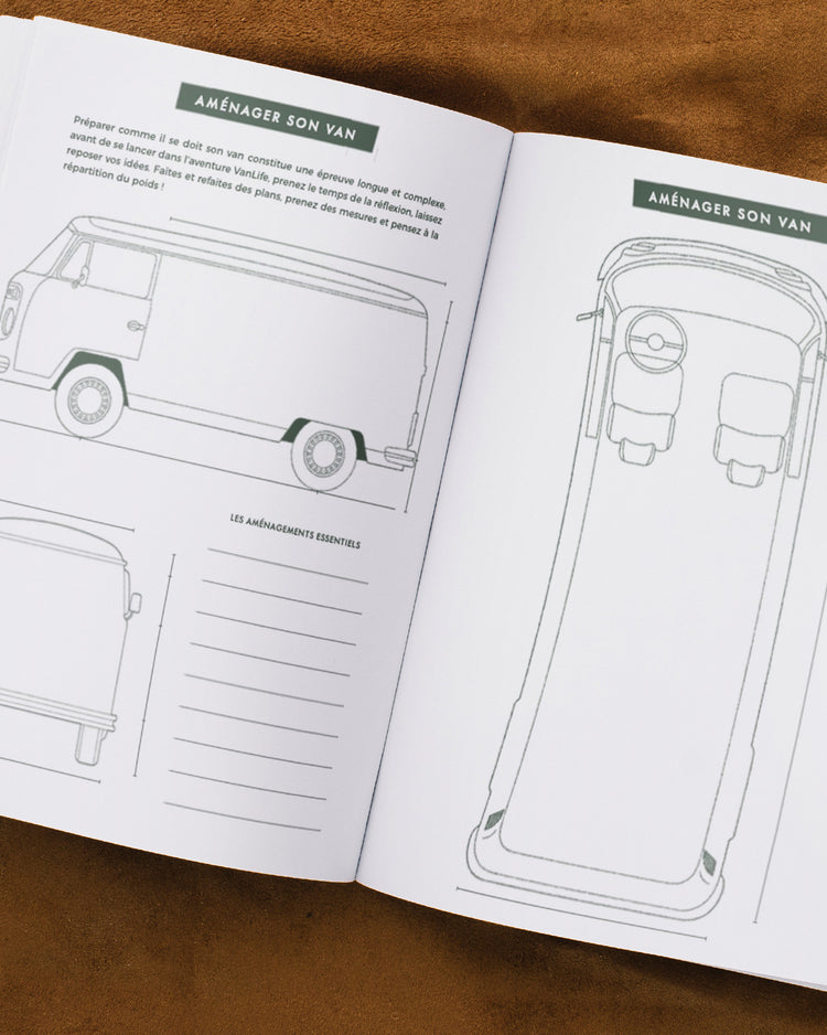 Carnet Van Life ouvert, pages blanches et couverture illustrée