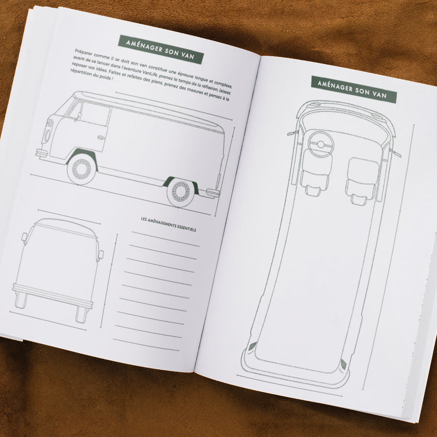 Carnet Van Life ouvert, pages blanches et couverture illustrée