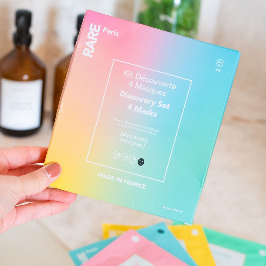 Coffret de 4 masques en tissu RARE Paris, vue de dessus.