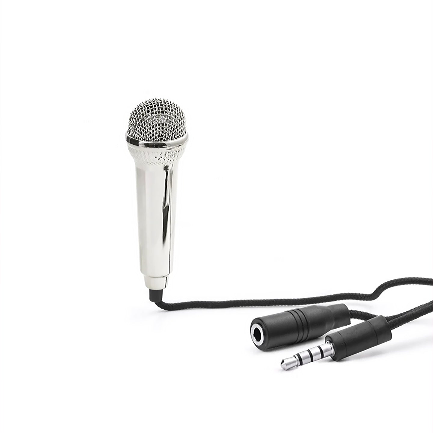 Mini microphone portable avec grille dorée et design compact.