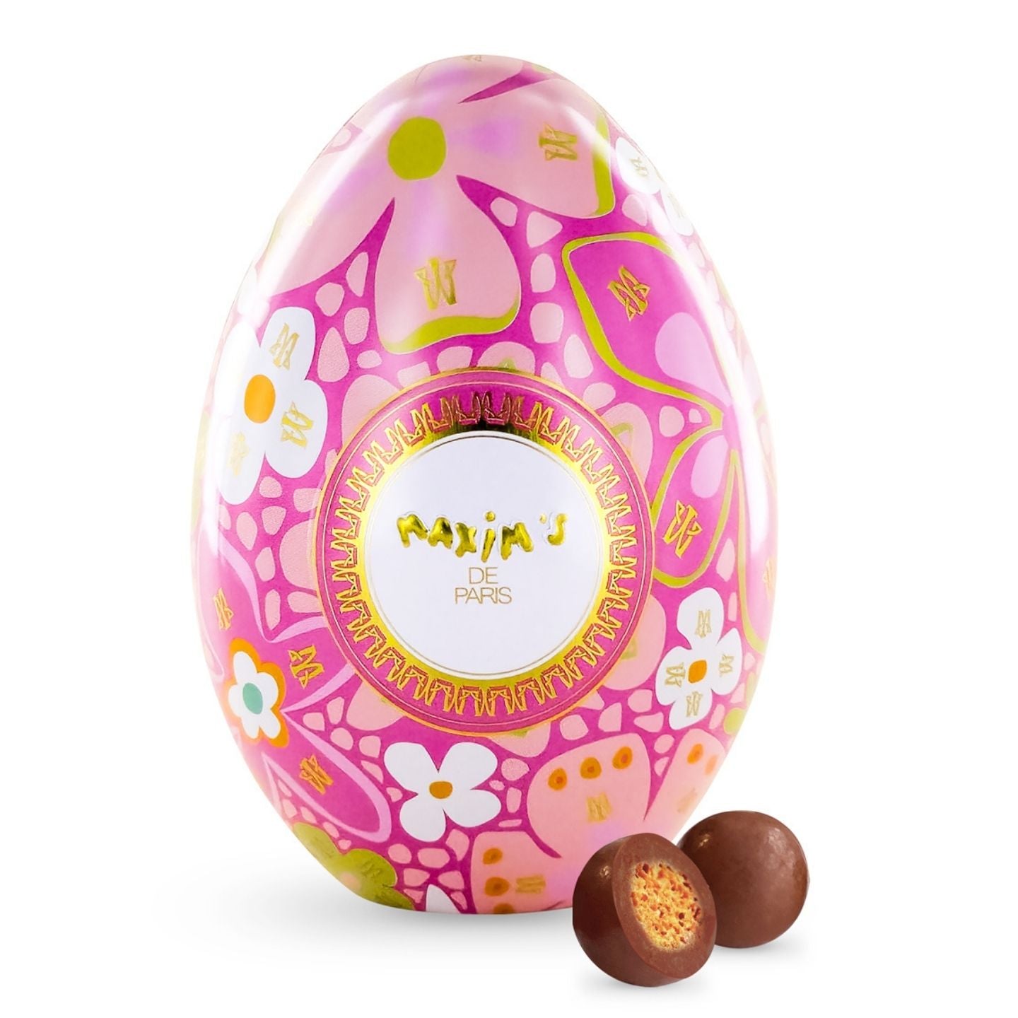 Oeuf Maxim's enrobé de chocolat au lait avec perles colorées