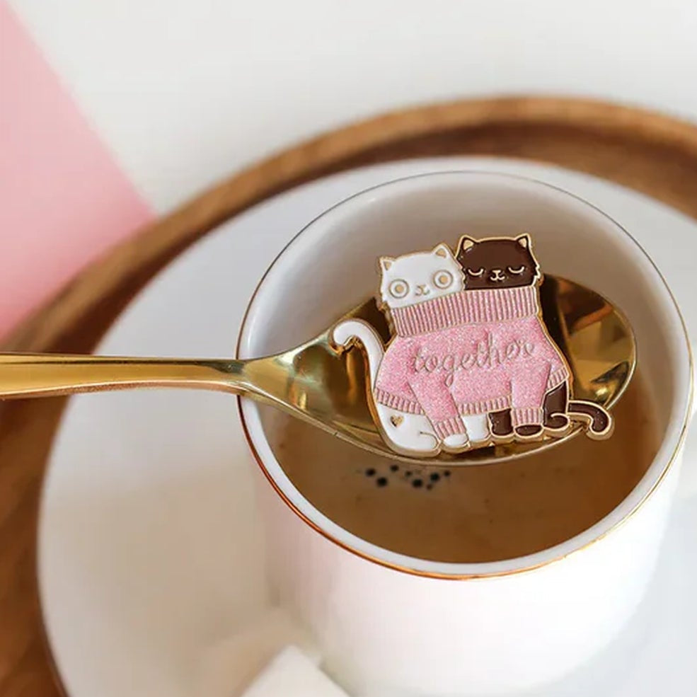 Pins représentant deux chats dans un pull, design complice