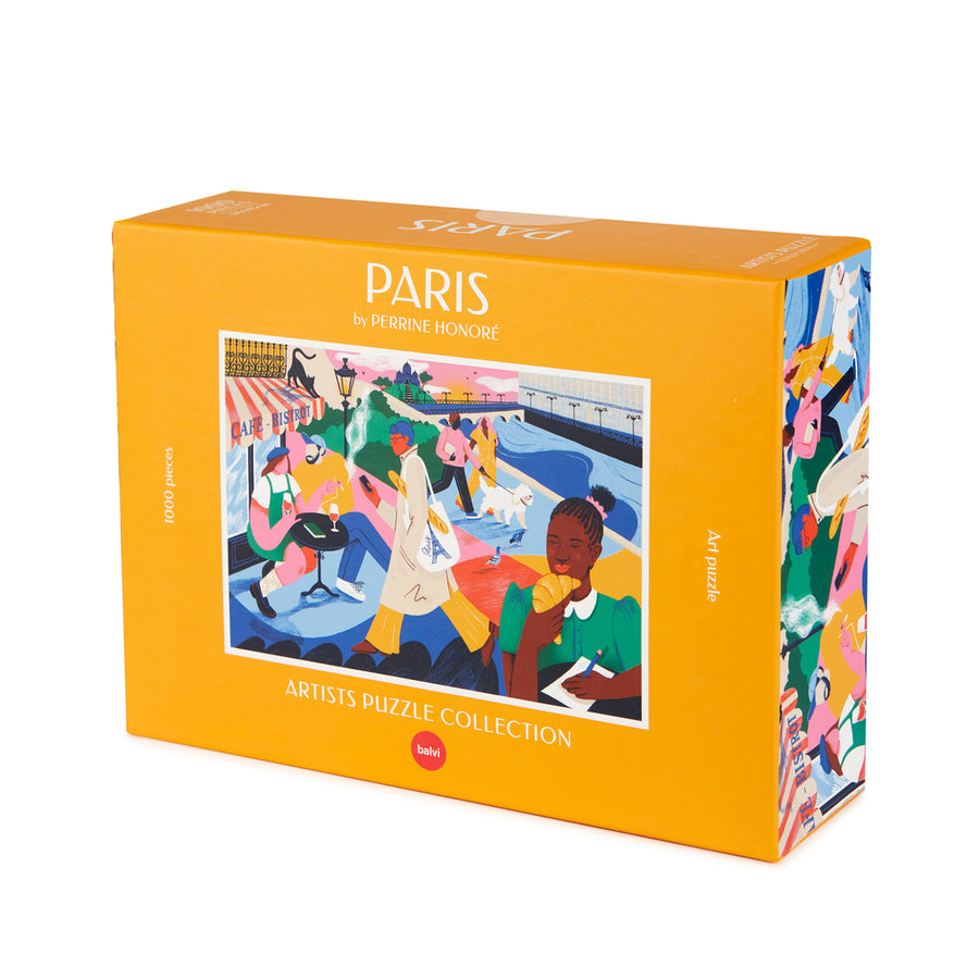 Puzzle représentant la Tour Eiffel avec des détails colorés.