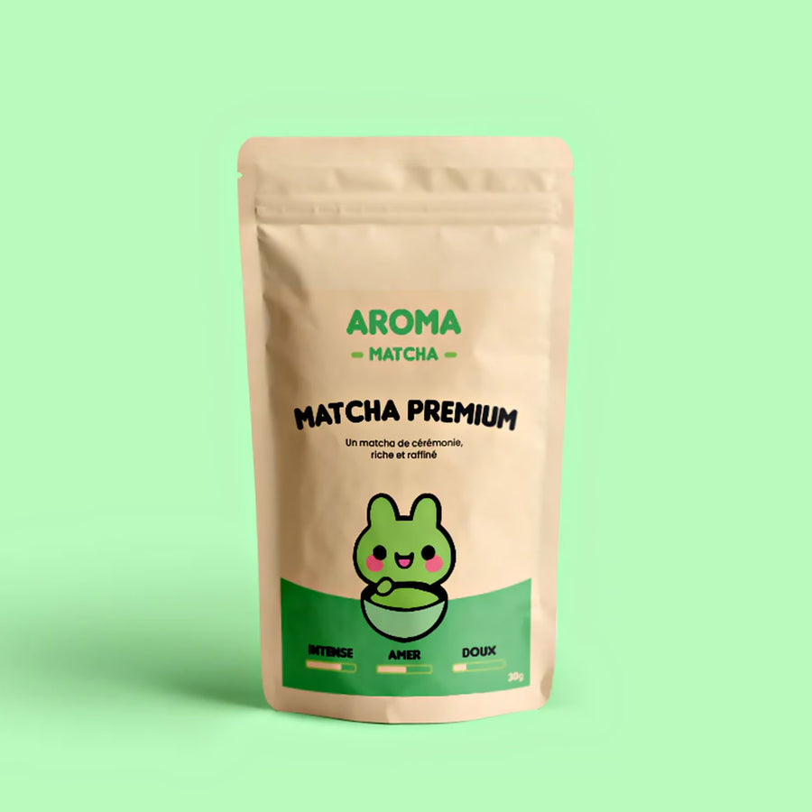 Sachet de matcha bio avec un design épuré et vert vibrant.