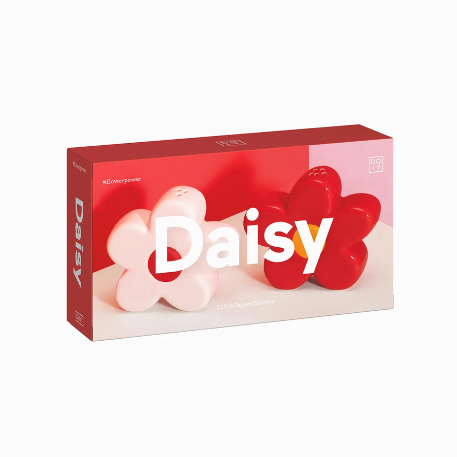 Salière et poivrière en céramique, motif floral en détail.