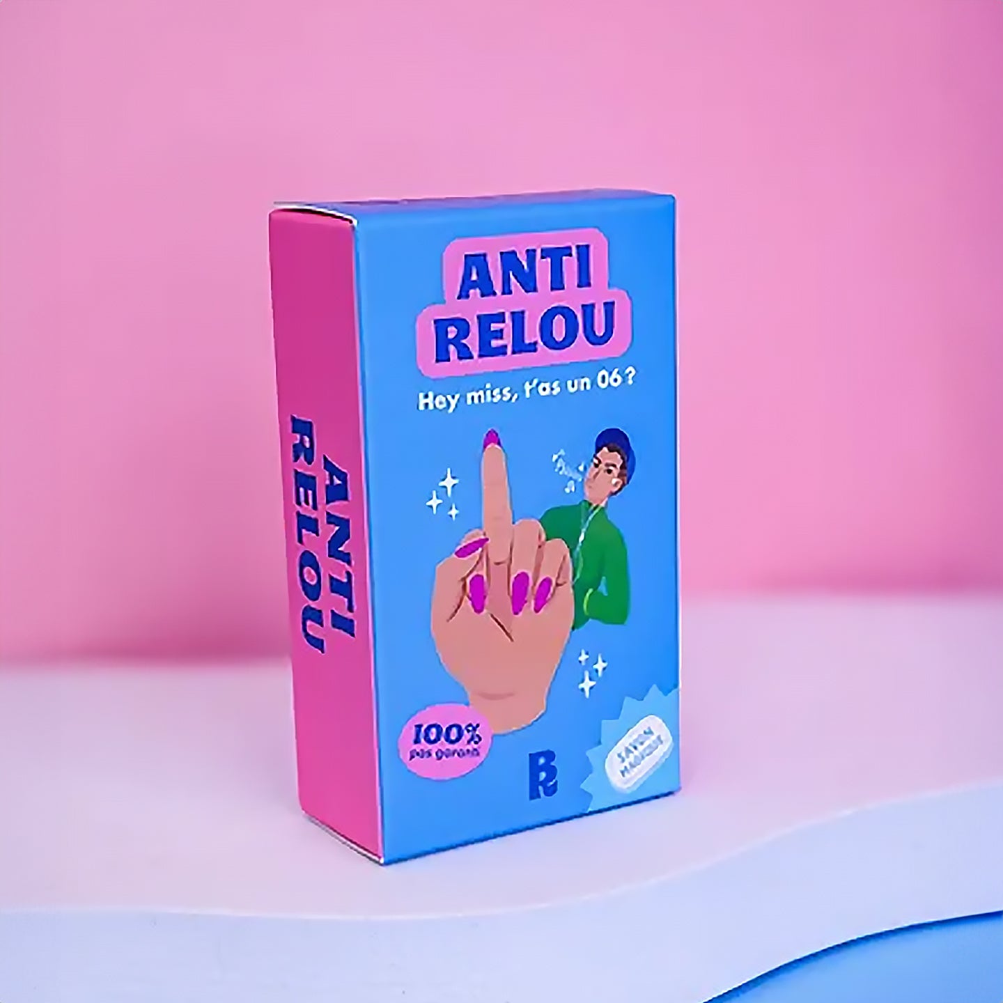 Savon anti-relou avec un design humoristique et coloré.