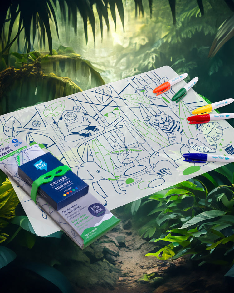 Set de table en silicone Jungle avec motifs animaliers colorés.