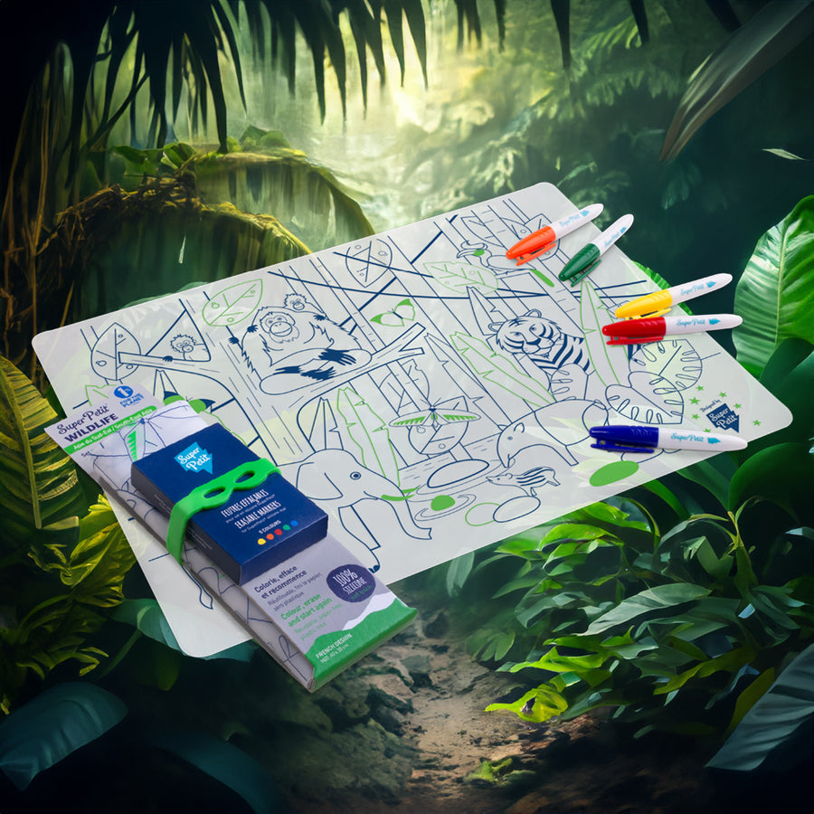 Set de table en silicone Jungle avec motifs animaliers colorés.
