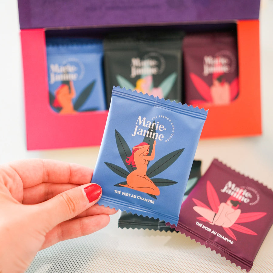 Coffret de thés CBD avec dosettes colorées et élégantes.