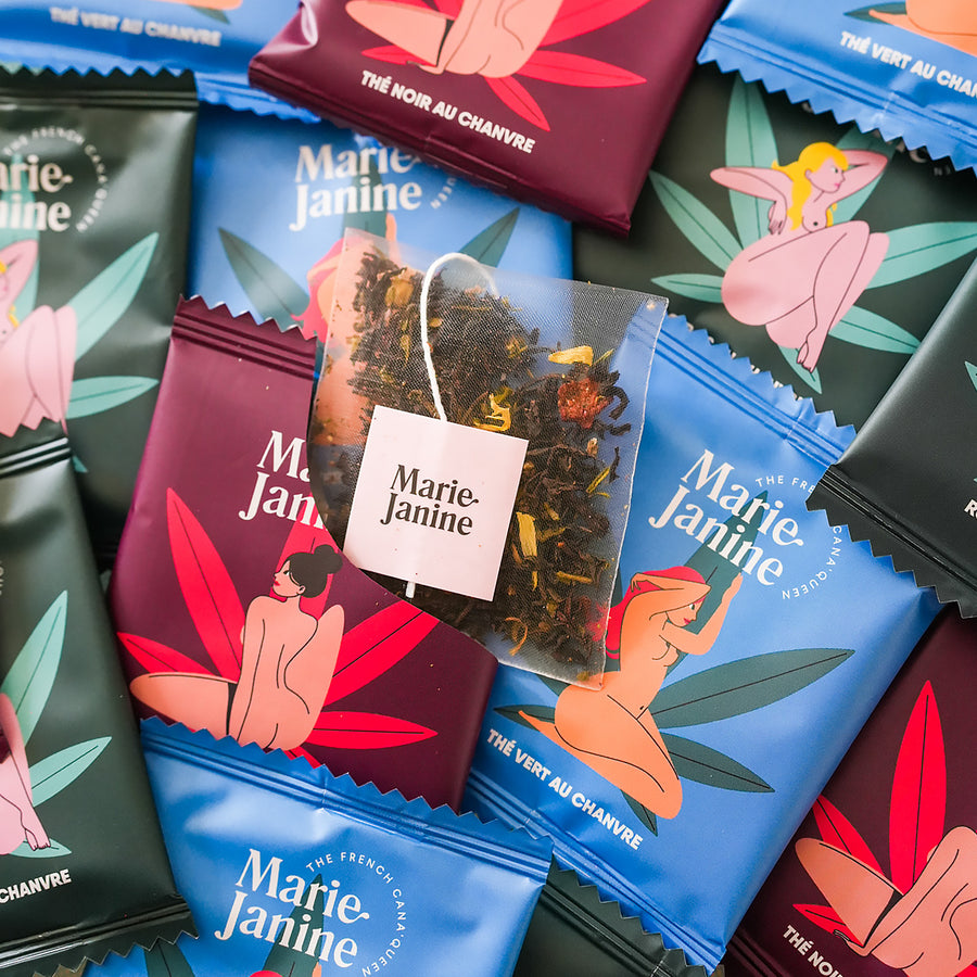 Coffret de thés CBD avec dosettes colorées et élégantes.