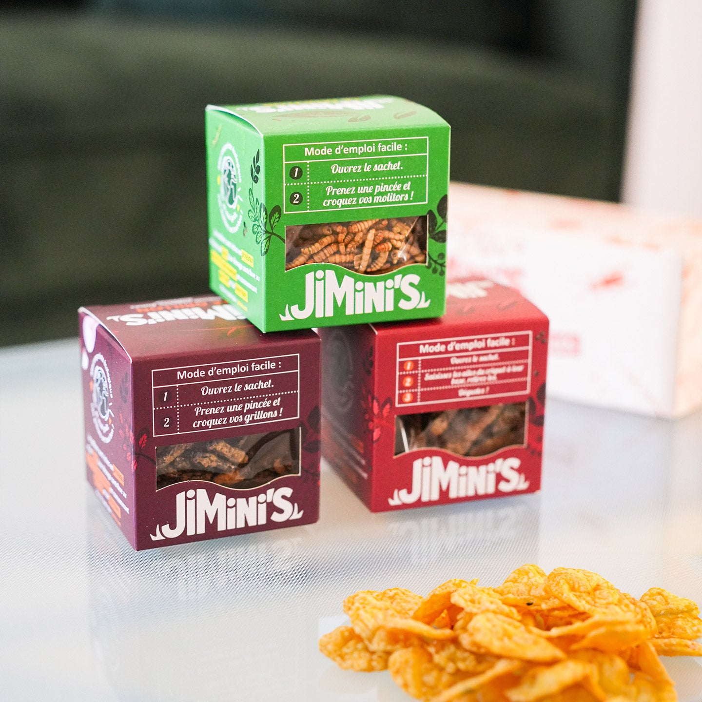 Coffret d'insectes comestibles pour apéro, vue de dessus.