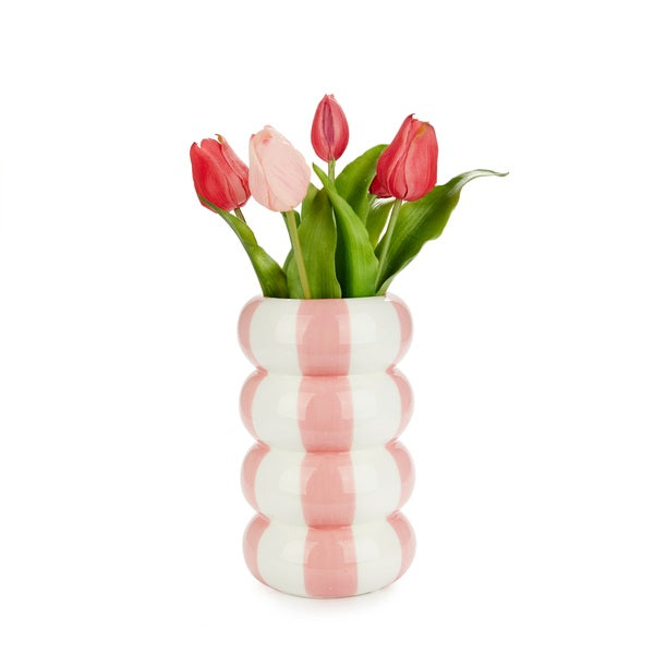 Vase rose en forme de bouées empilées, design original.