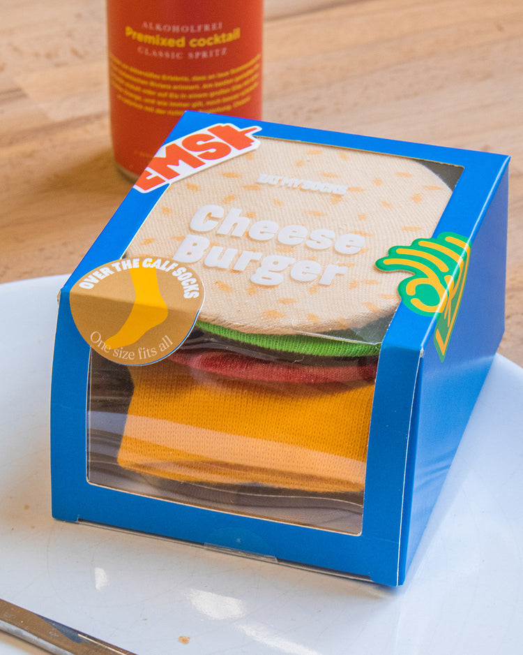 Chaussettes motif burger coloré sur fond blanc