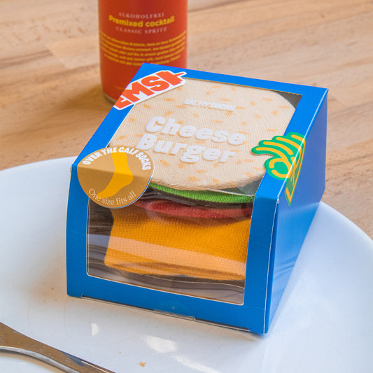 Chaussettes motif burger coloré sur fond blanc