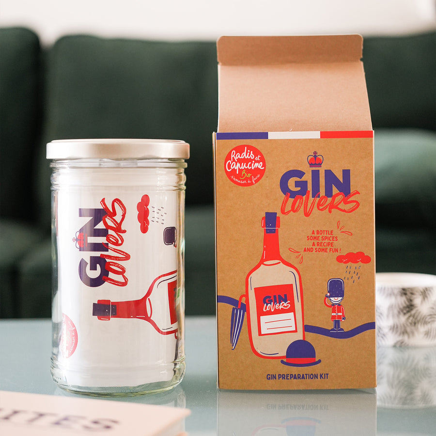 Kit DIY pour gin avec ingrédients et accessoires sur fond clair.