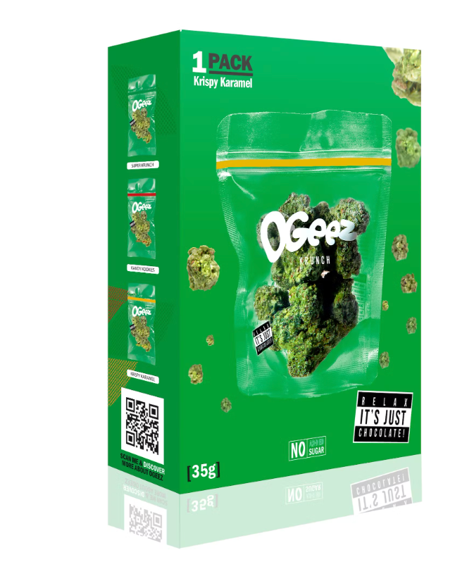 Pochon de chocolat Ogeez Krunch avec riz soufflé en gros plan.