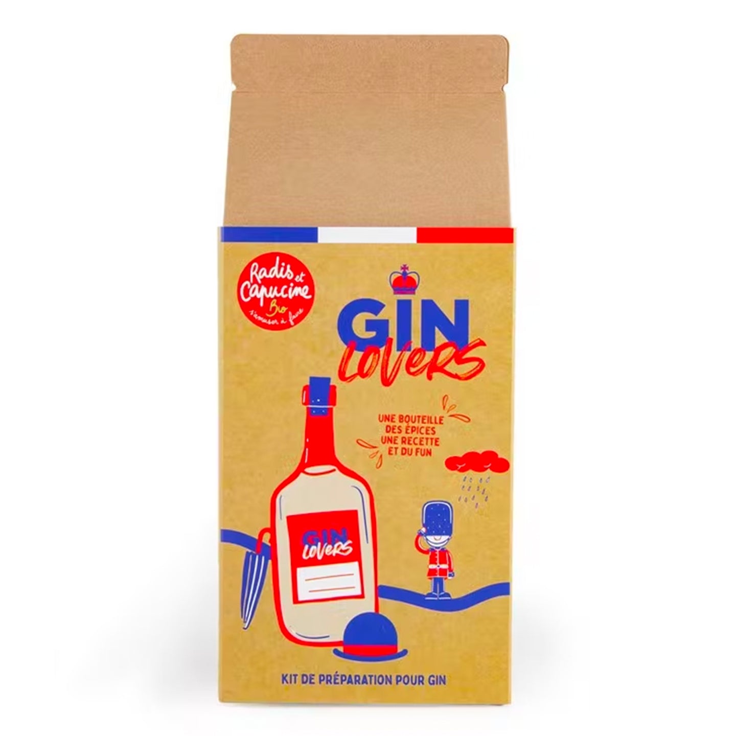 Kit DIY pour gin avec ingrédients et accessoires sur fond clair.