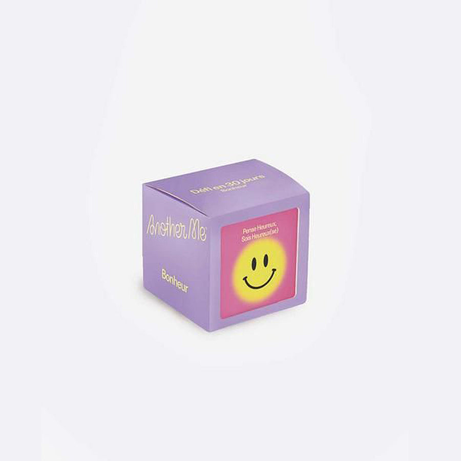 30 jours de défis Bonheur - Livre avec couverture bleue et motif de soleil, concept de bonheur et développement personnel.