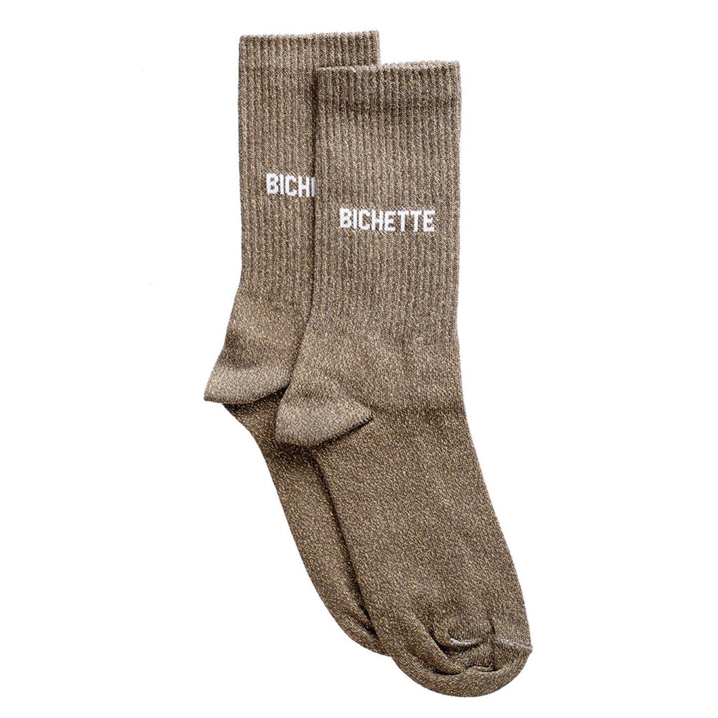 Chaussettes à paillettes avec inscription Bichette en gros plan.