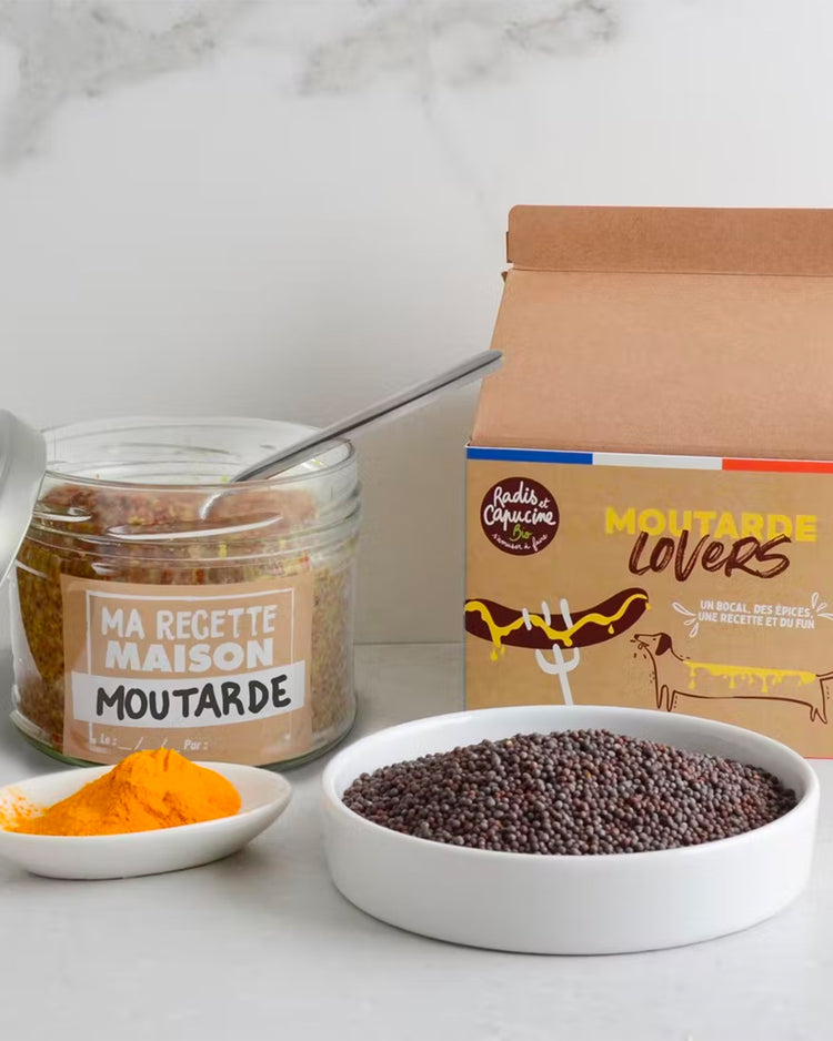 Kit DIY pour moutarde avec épices bio, vue de dessus.