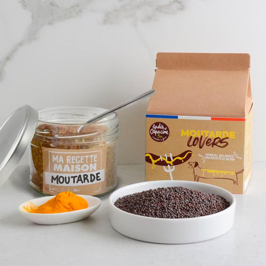Kit DIY pour moutarde avec épices bio, vue de dessus.