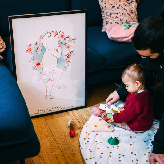 Affiche de naissance personnalisée avec design floral printanier sur fond blanc.