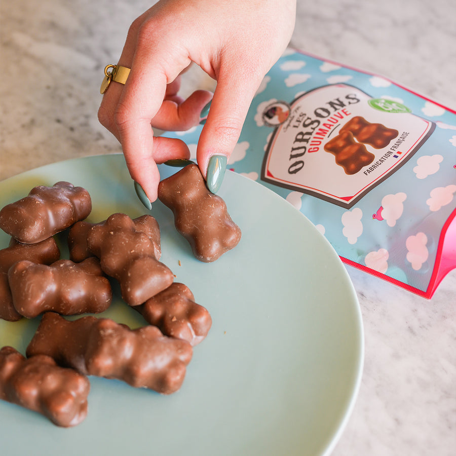 Sachet d'oursons guimauve enrobés de chocolat au lait